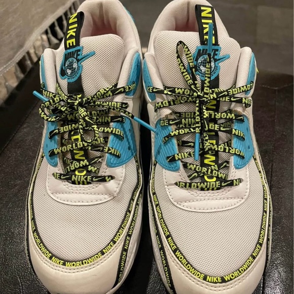 Nike Kids Air Max 90 SE White Blue Neon Green Sneakers - Picture 2 of 11